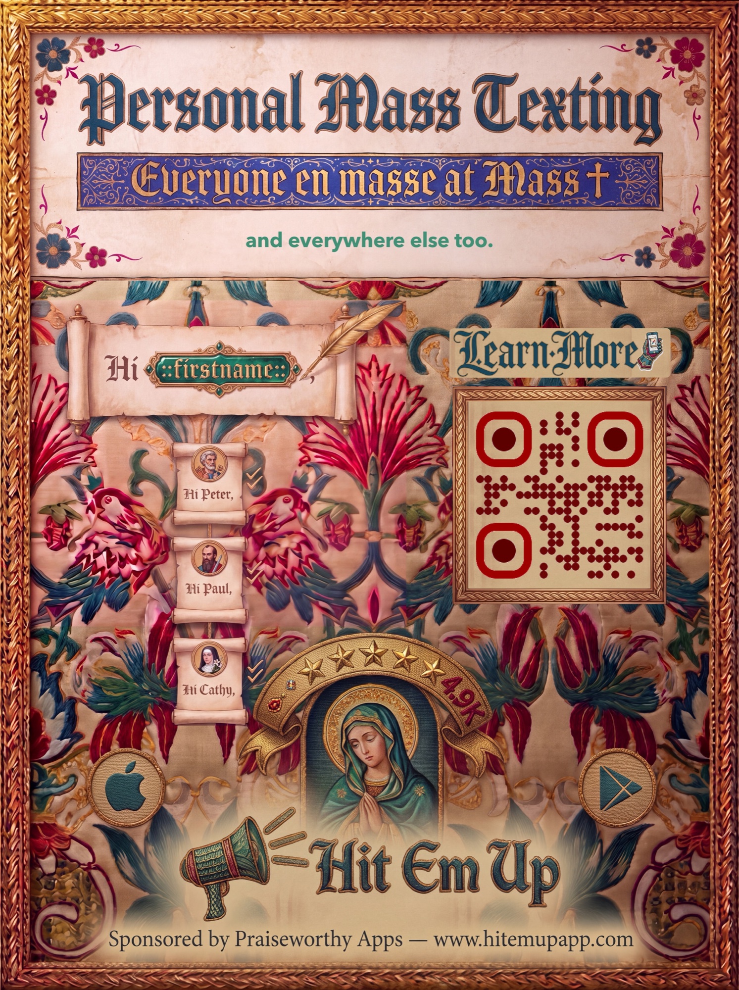 Personal Mass Texting poster by Hit Em Up — an illuminated Catholic tapestry design from the 2026 Bishop's Dinner showing personalized messages to each recipient, with QR code to download the app